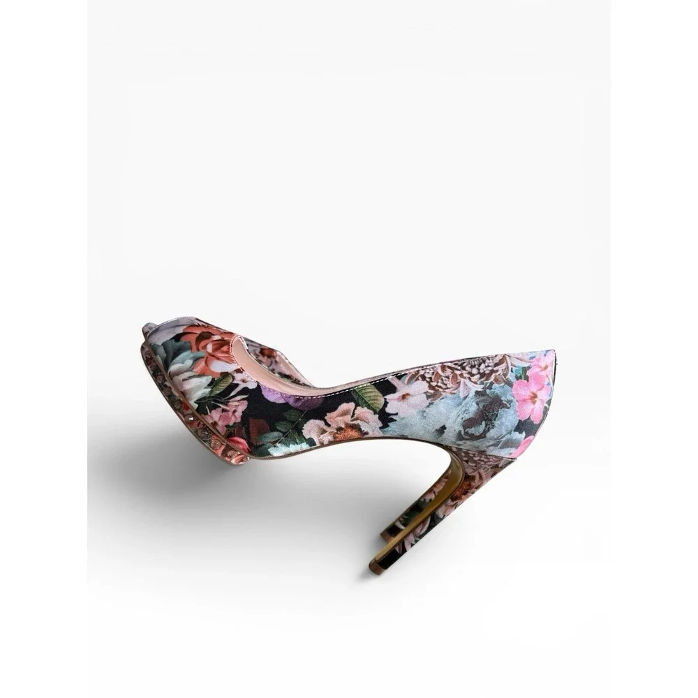 Ted Baker Leonar Floral Satin Peep Toe Platform Heels Rhinestone US 7.5 GORGEOUS